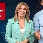 Kit’s mint double breasted blazer on Access Hollywood