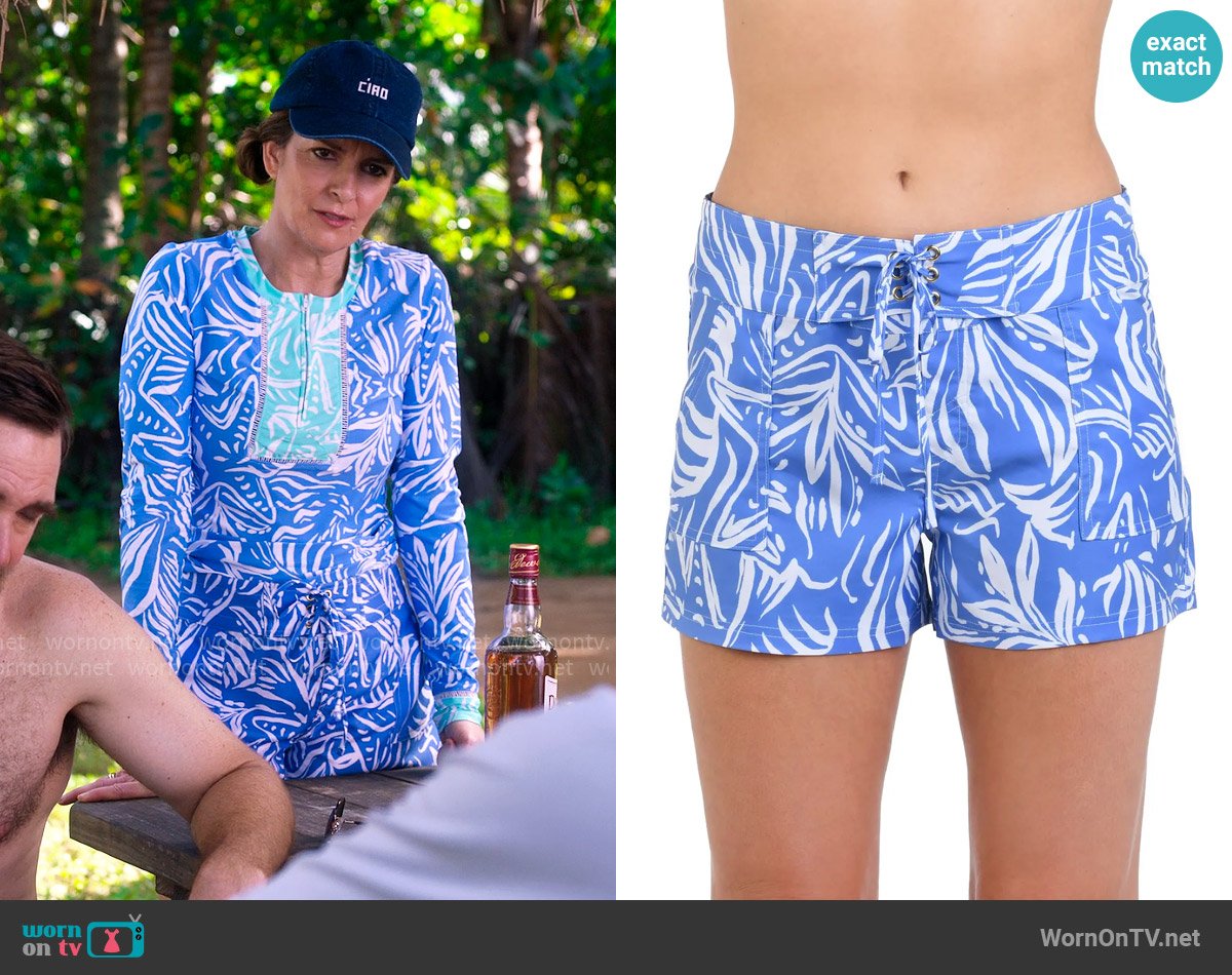 La Blanca Beachside Bay Board Shorts in Chambray worn by Kate (Tina Fey) on The Four Seasons