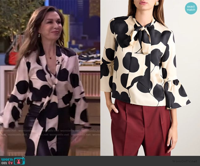 LA DoubleJ Happy Wrist tie-detailed printed silk-twill blouse worn by Finola Hughes on Live with Kelly and Mark