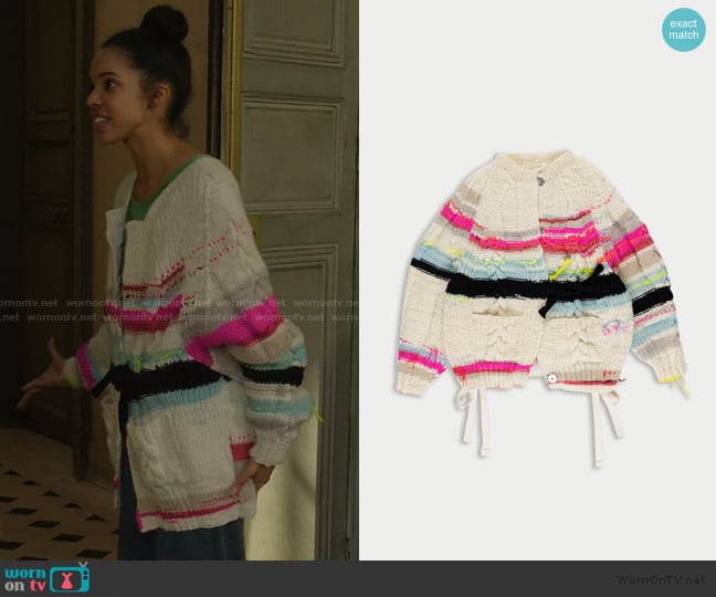 Lafetiche UltraViolet Handknitted Striped Cable Cardigan worn by Mishi Duplessis (Tais Vinolo) on Etoile