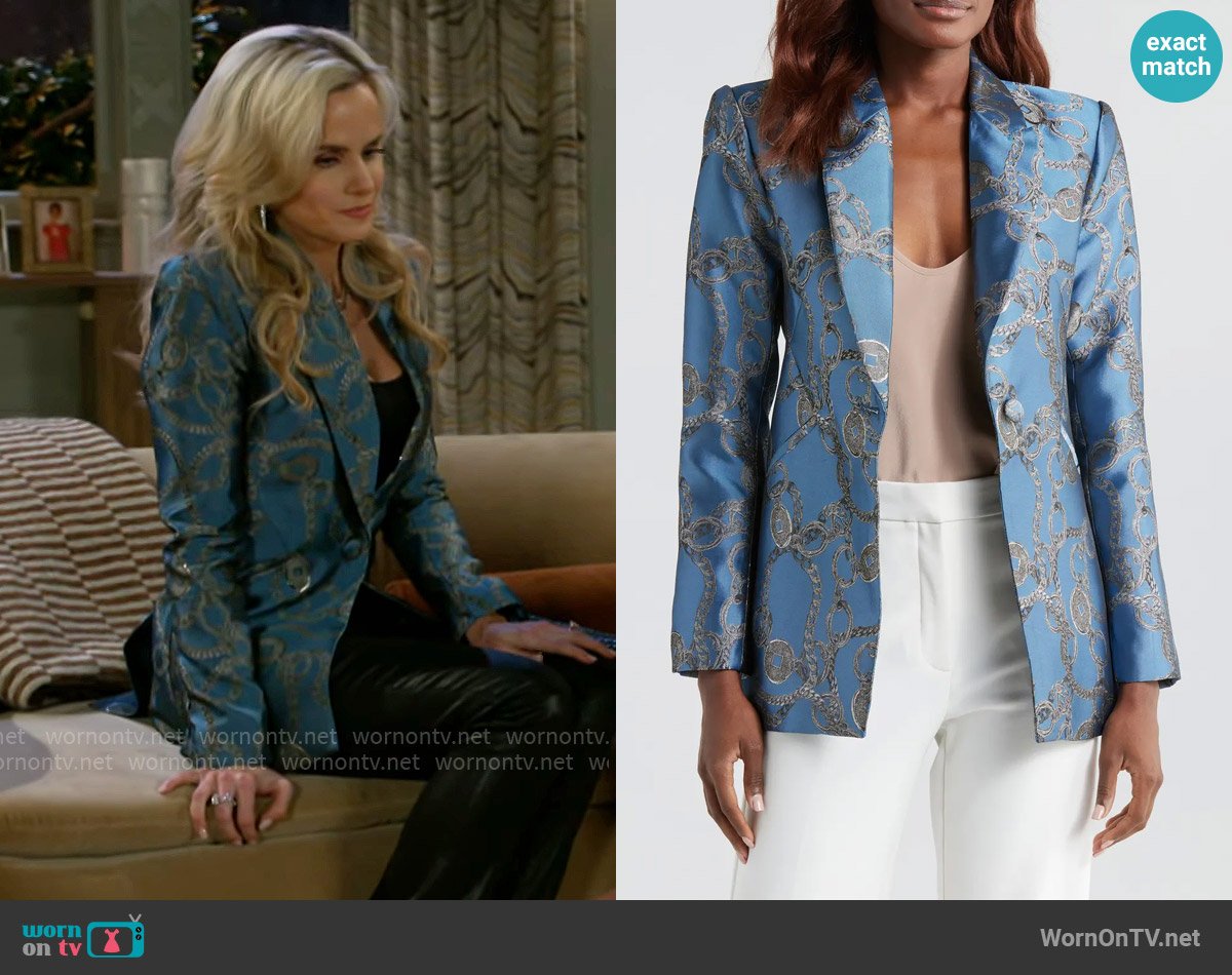 L'Agence Sheila Blazer in Blue Horizon/ Silver Good Luck worn by Vanessa McBride (Lauren Buglioli) on Beyond the Gates