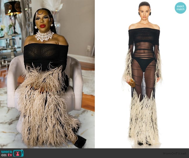 LaPointe Mesh Off The Shoulder Feathers Gown worn by Kelli Ferrell on The Real Housewives of Atlanta