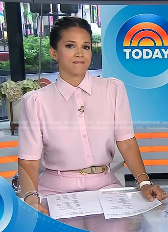 Laura's pink short sleeve blouse and flare pants on Today