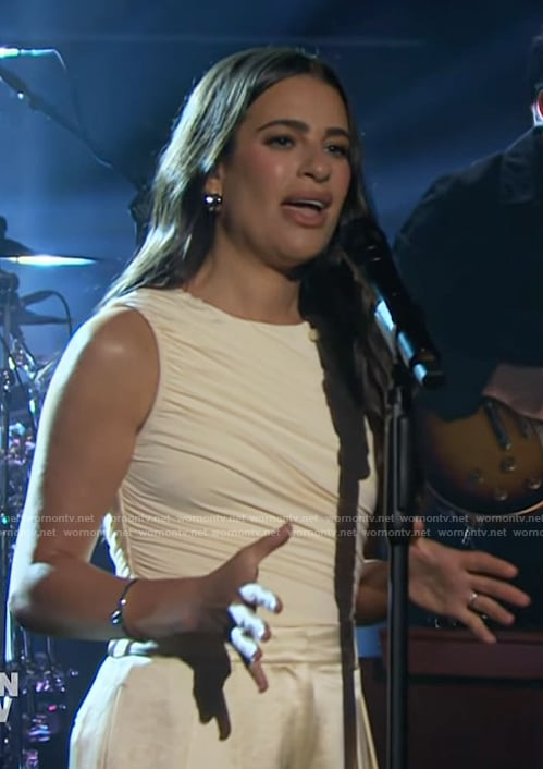 Lea Michele’s white ruched top on The Kelly Clarkson Show