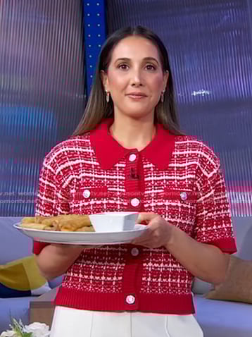Leah Cohen’s red short sleeve tweed jacket on Good Morning America