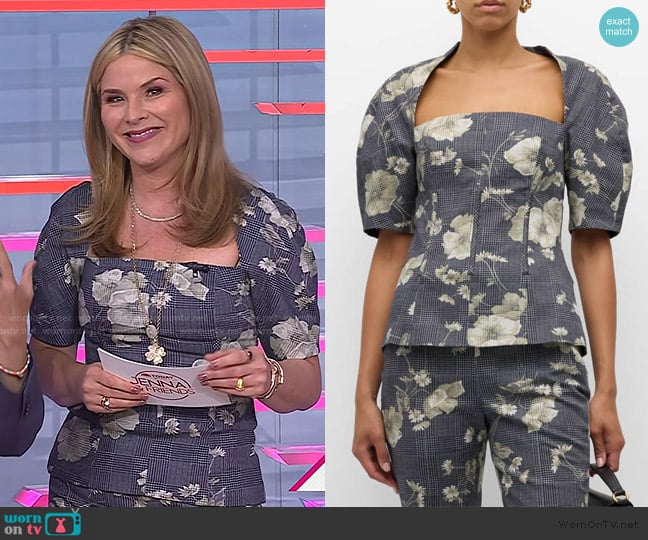 Lela Rose Floral Check Short-Sleeve Bustier Top worn by Jenna Bush Hager on Today