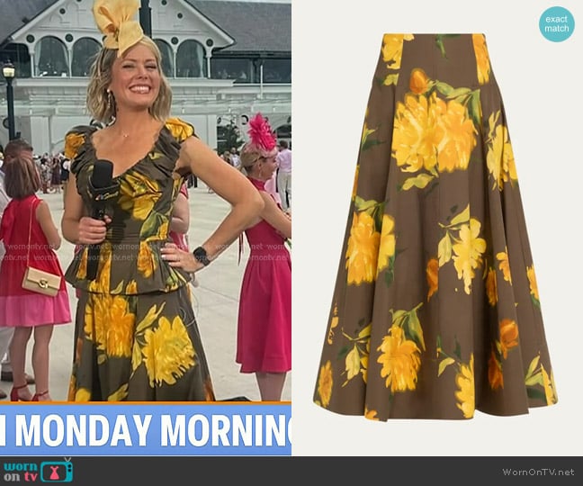 Lela Rose Parker Floral Midi Circle Skirt in chocolate multi worn by Dylan Dreyer on Today