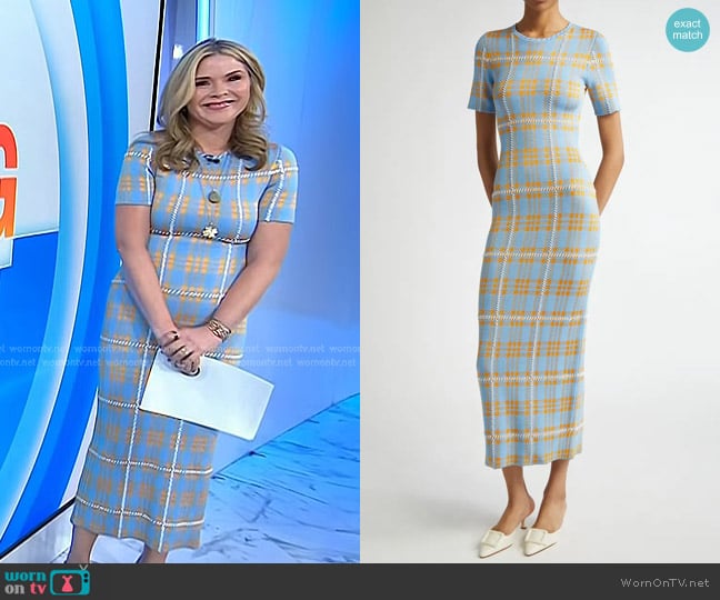 Lela Rose Plaid Whipstitch Trim Midi Sheath Dress in Powder Blue worn by Jenna Bush Hager on Today