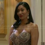 Leslie’s embellished strapless evening gown on Beyond the Gates