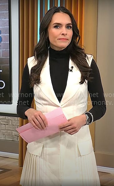 Lilia Luciano's white pleated sleeveless blazer dress on CBS Mornings