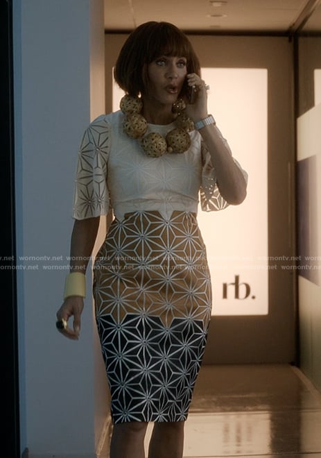 Lisa’s geometric cutout dress on And Just Like That