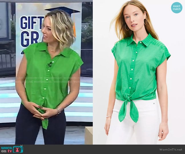 Loft Dobby Stripe Modern Tie Front Mixed Media Top worn by Dylan Dreyer on Today