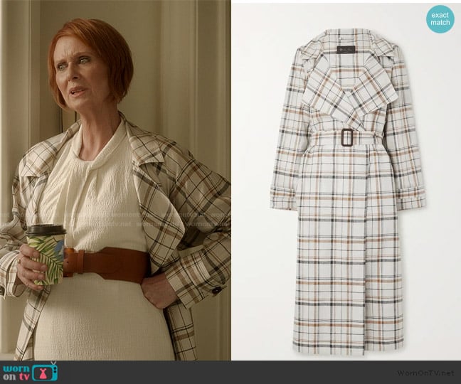 Loro Piana Bille checked belted linen trench coat worn by Miranda Hobbs (Cynthia Nixon) on And Just Like That