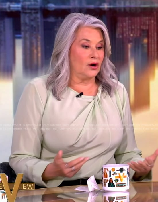 Lorraine Bracco’s mint twisted blouse on The View