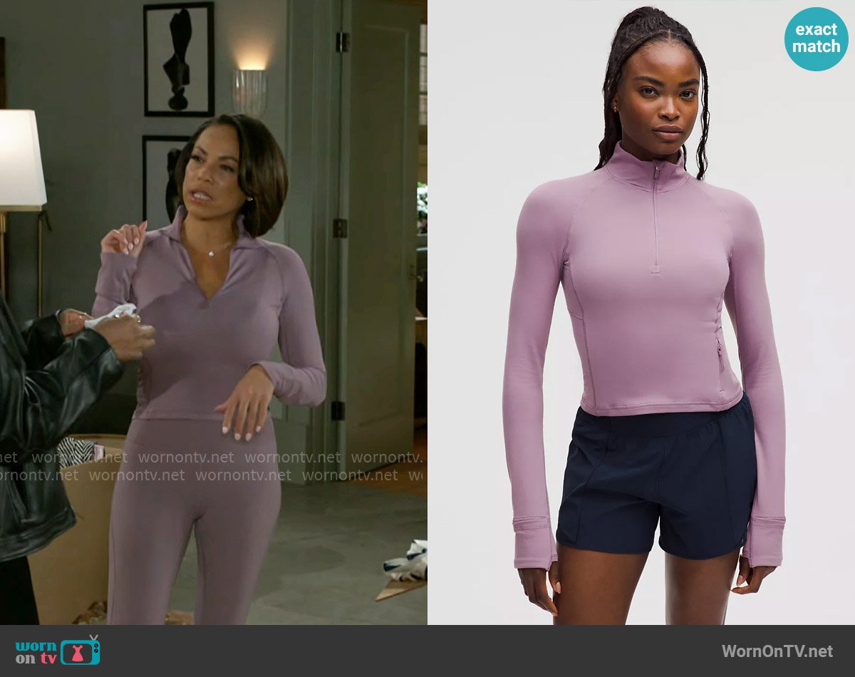 Lululemon Its Rulu Cropped Half Zip in Lavender Lux worn by Nicole Dupree Richardson (Daphnee Duplaix) on Beyond the Gates