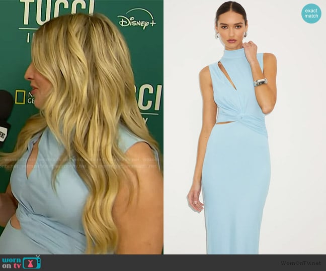 Lulus Kamara Light Blue Mesh Cutout Knotted Midi Dress worn by Ashley Bellman on E! News