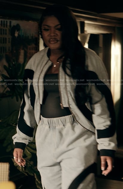 Lynae's gray contrast track jacket and pants on The Chi