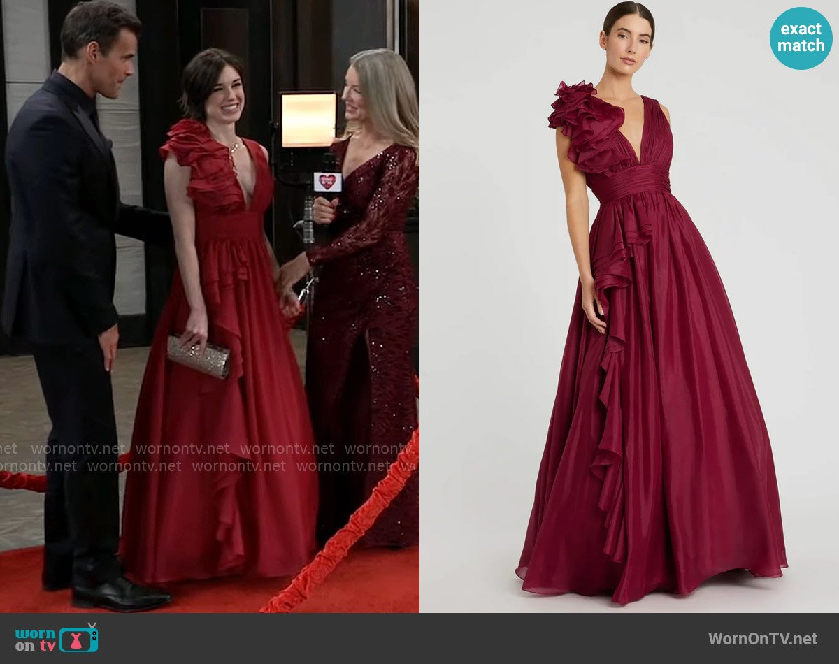 Mac Duggal Dark Red Ruffle Shoulder V-Neck Chiffon Gown worn by Willow Tait (Katelyn MacMullen) on General Hospital