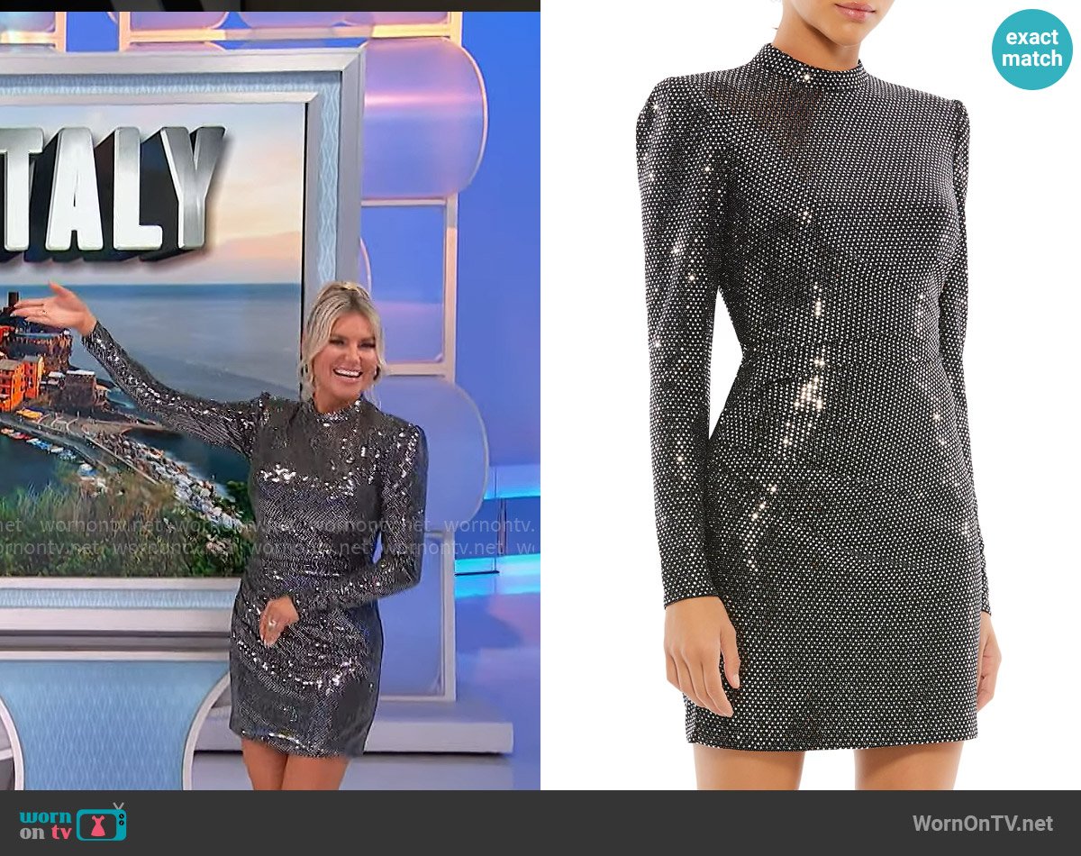Mac Duggal Metallic Mock Turtleneck Minidress worn by Rachel Reynolds on The Price is Right