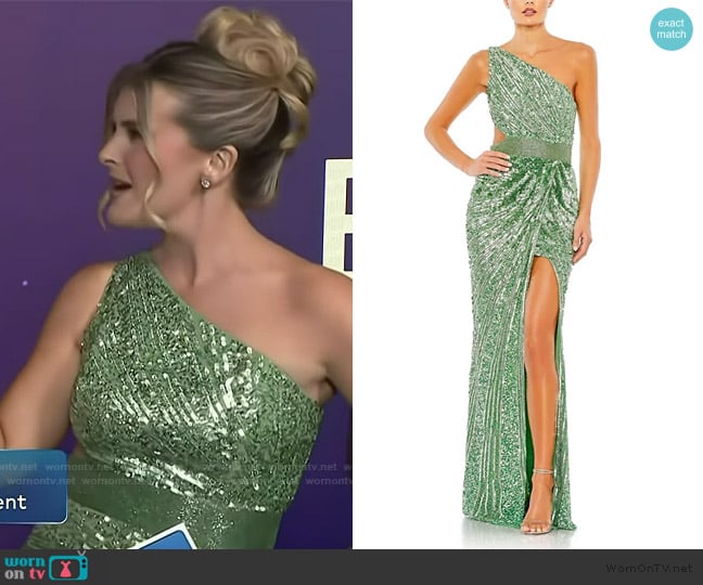 Mac Duggal Sequined One Shoulder Draped Lace Up Gown worn by Lauren Herbert on Access Hollywood