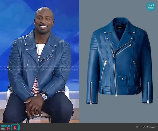 Mackage Kenneth Leather Biker Jacket in Tide worn by Akbar Gbajabiamila on Today