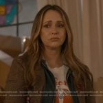 Maddie's graphic print tee and brown plaid blazer on 9-1-1