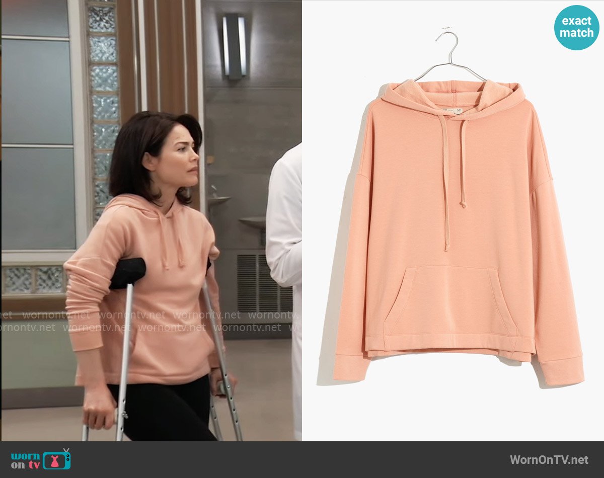 Madewell Superbrushed Easygoing Hoodie Sweatshirt in Antique Coral worn by Elizabeth Webber (Rebecca Herbst) on General Hospital