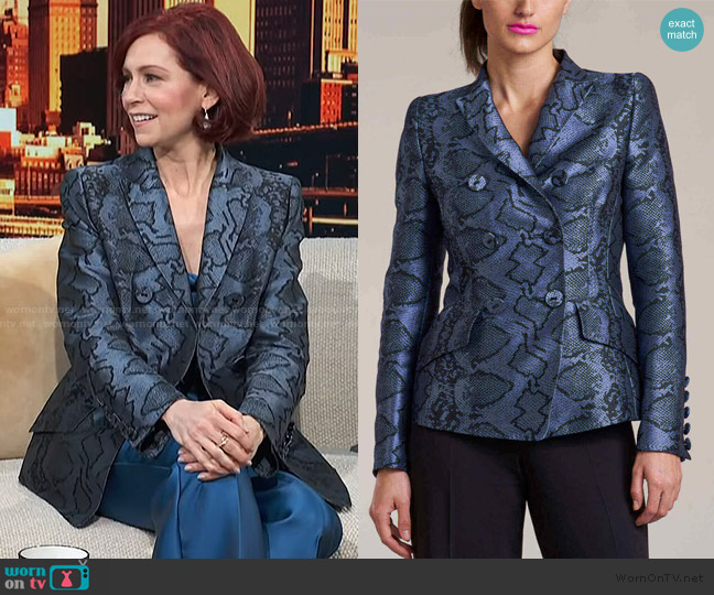 Maison Commmon Double breasted snake jacquard jacket worn by Carrie Preston on Access Hollywood