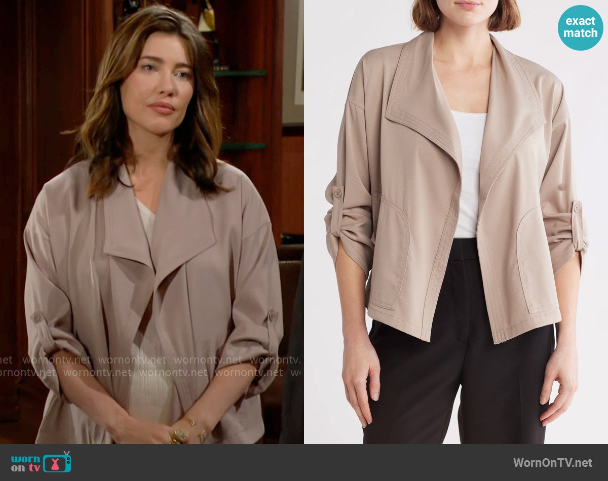 Max Studio Twill Drape Front Short Jacket in Cobblestone worn by Steffy Forrester (Jacqueline MacInnes Wood) on The Bold and the Beautiful