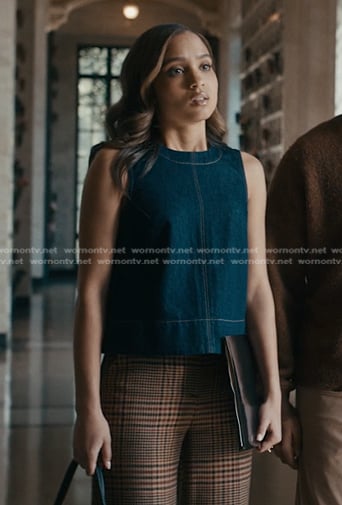May's sleeveless denim top and brown plaid pants on 9-1-1