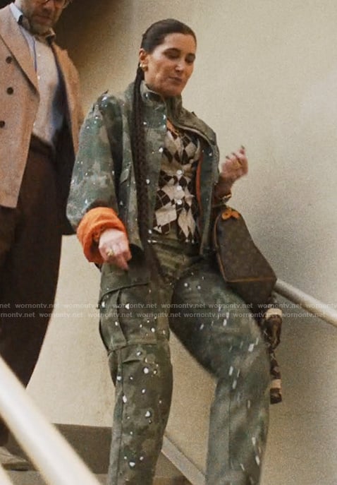 Maya's camo print jacket and pants on The Studio