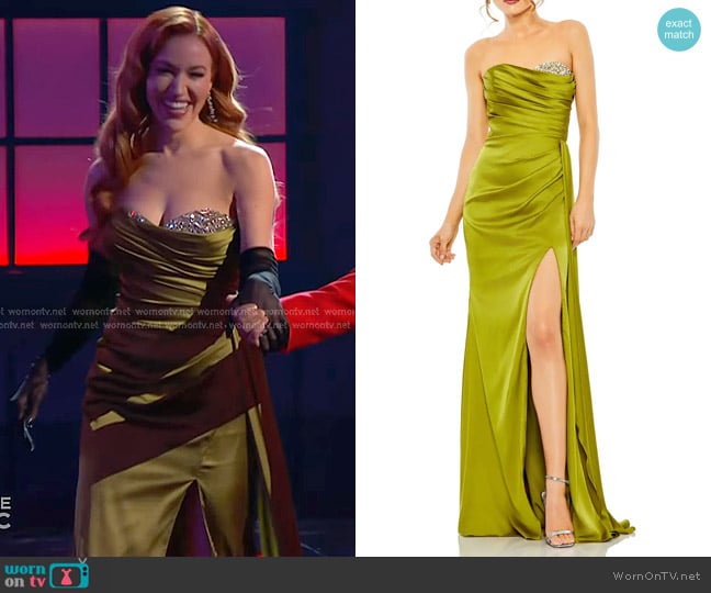 Mac Duggal Strapless Embellished Sweetheart Neckline Satin Gown in Apple Green worn by Olivia Kuper Harris on The Voice