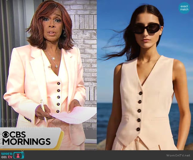 Me + Em Lightweight Tailored Waistcoat in Peach Sorbet worn by Gayle King on CBS Mornings