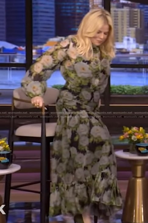 Megan Hilty's floral print blouse and maxi skirt on Live with Kelly and Mark