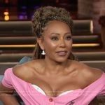 Mel B’s plaid mini skirt and pink off shoulder top on The Kelly Clarkson Show