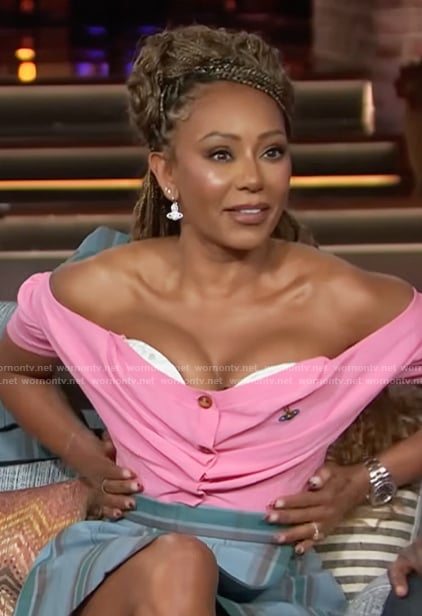 Mel B’s plaid mini skirt and pink off shoulder top on The Kelly Clarkson Show