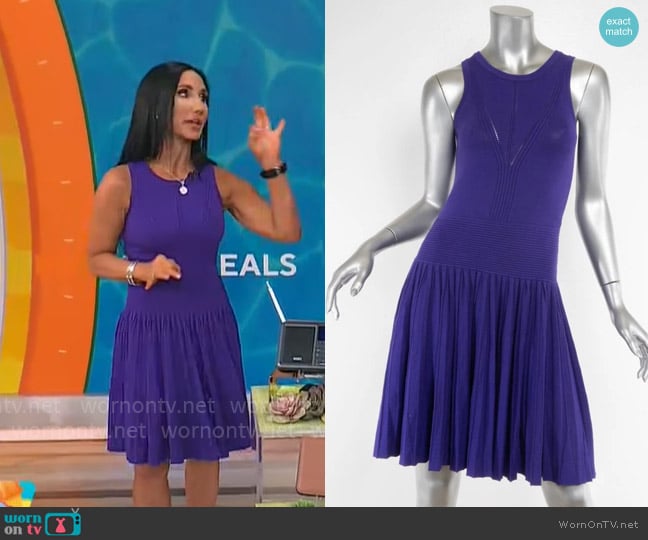 Milly Purple Stretch Drop-Waist Fit & Flare Sleeveless Pleated Dress worn by Elizabeth Werner on CBS Mornings