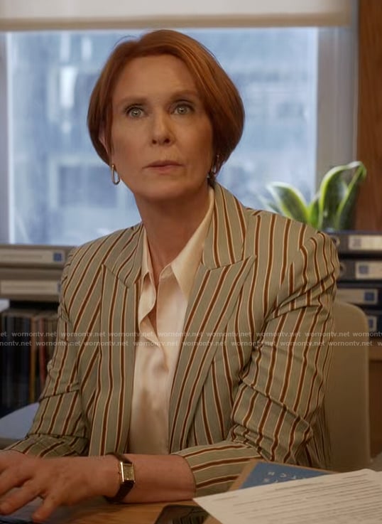 Miranda's striped double breasted blazer on And Just Like That