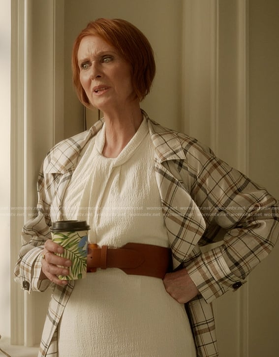 Miranda's white plaid trench coat on And Just Like That