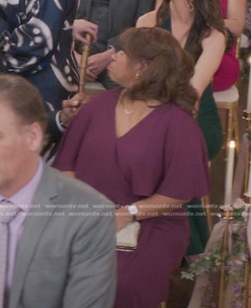 Miranda's purple flutter sleeve wrap dress on Greys Anatomy