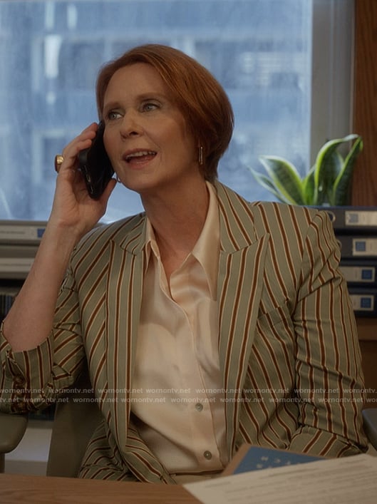 Miranda’s striped double breasted blazer on And Just Like That