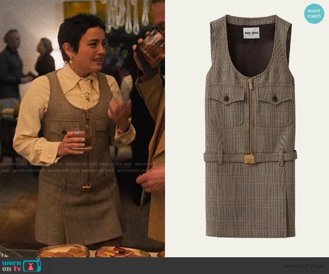 Miu Miu Prince Of Galles Check Belted Sleeveless Mini Dress worn by Quinn Hackett (Chase Sui Wonders) on The Studio