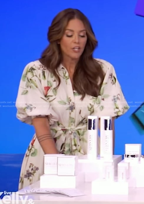 Monica Mangin’s white floral puff sleeve dress on Live with Kelly and Mark