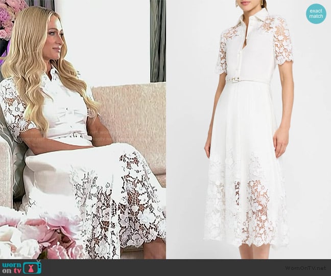 Monique Lhuillier Lace-Inset Short-Sleeve Cotton Midi Shirtdress worn by Paris Hilton on E! News