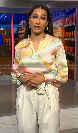 Morgan’s watercolor blouse and white tie waist pants on NBC News Daily