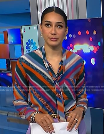 Morgan's striped tie neck blouse on NBC News Daily