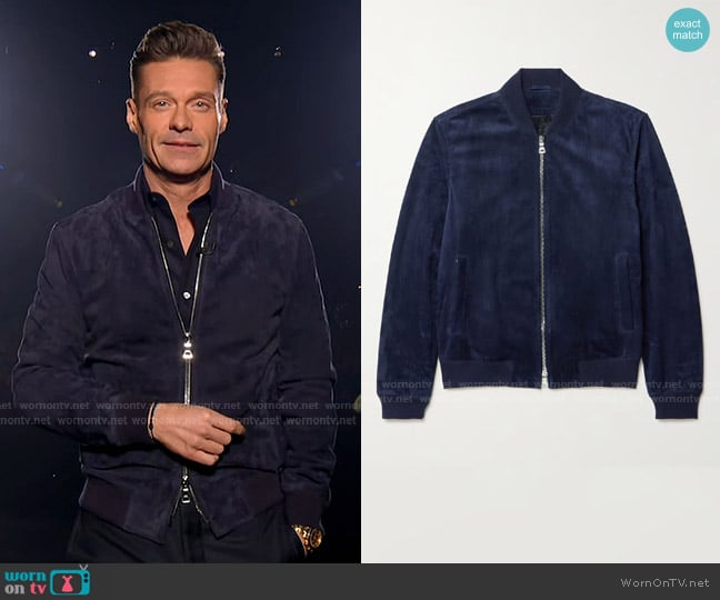 Mr P Suede Bomber Jacket in Blue worn by Ryan Seacrest on American Idol
