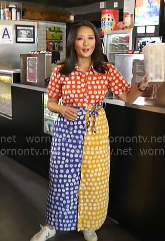 Nancy Chen's colorblock dotted shirtdress on CBS Mornings