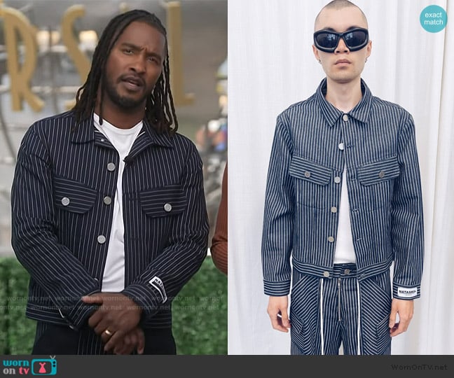 Natashia Studio Tiger Stripe Indigo Denim Jacket worn by Scott Evans on Access Hollywood