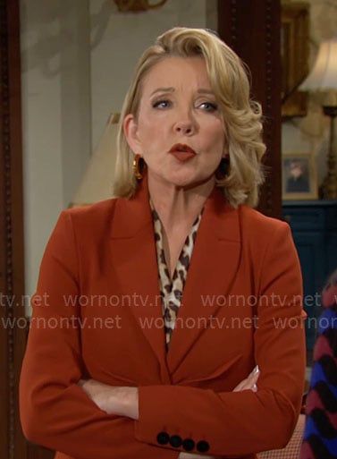 Nikki's orange wrap front suit on The Young and the Restless